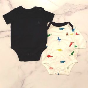 Baby Gap boys 0-3 month onesie set. Solid navy short sleeve & Dino long sleeve.